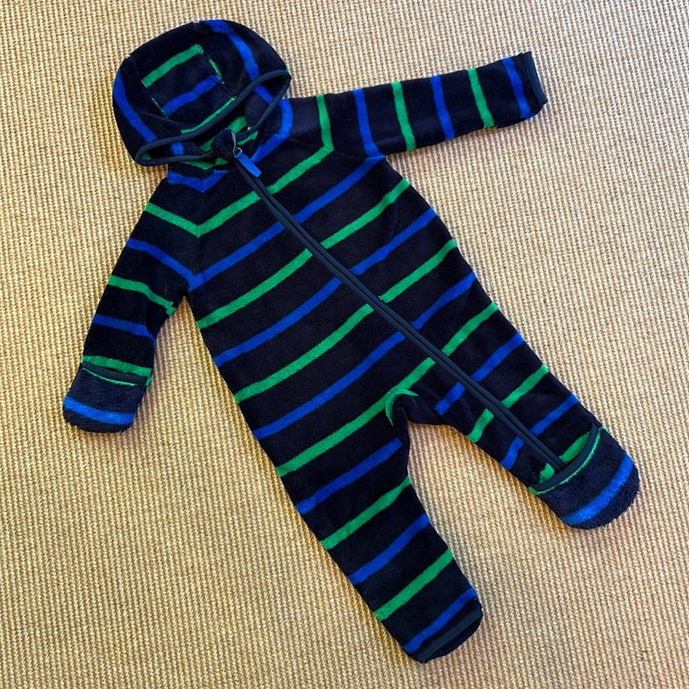 REI Velour Onesie w/Hood- Navy, Green, & Blue Stripes 12 MO